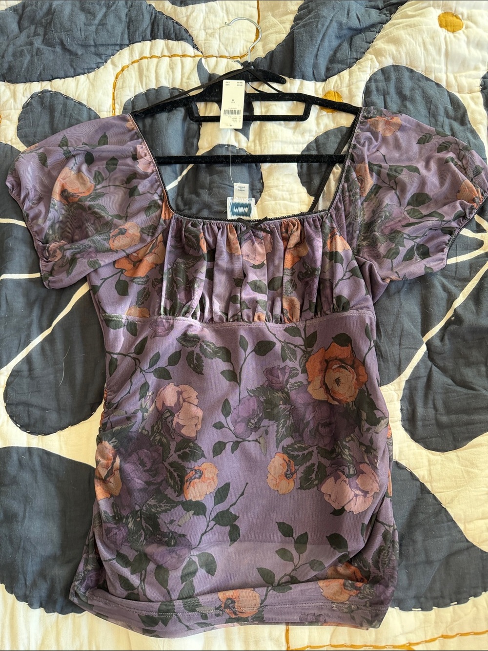 Maeve Lavender Floral Puff-Sleeve Square-Neck Blouse